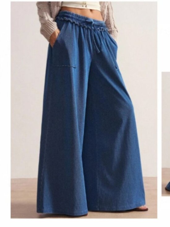 Denim - NEW 2026 Blue Drawstring Wide Leg Jeans Large